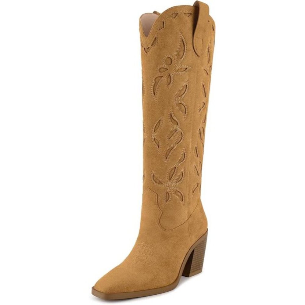 New Womens Suede Tan Brown Western Cowgirl Boots With Cutout Design Size 8